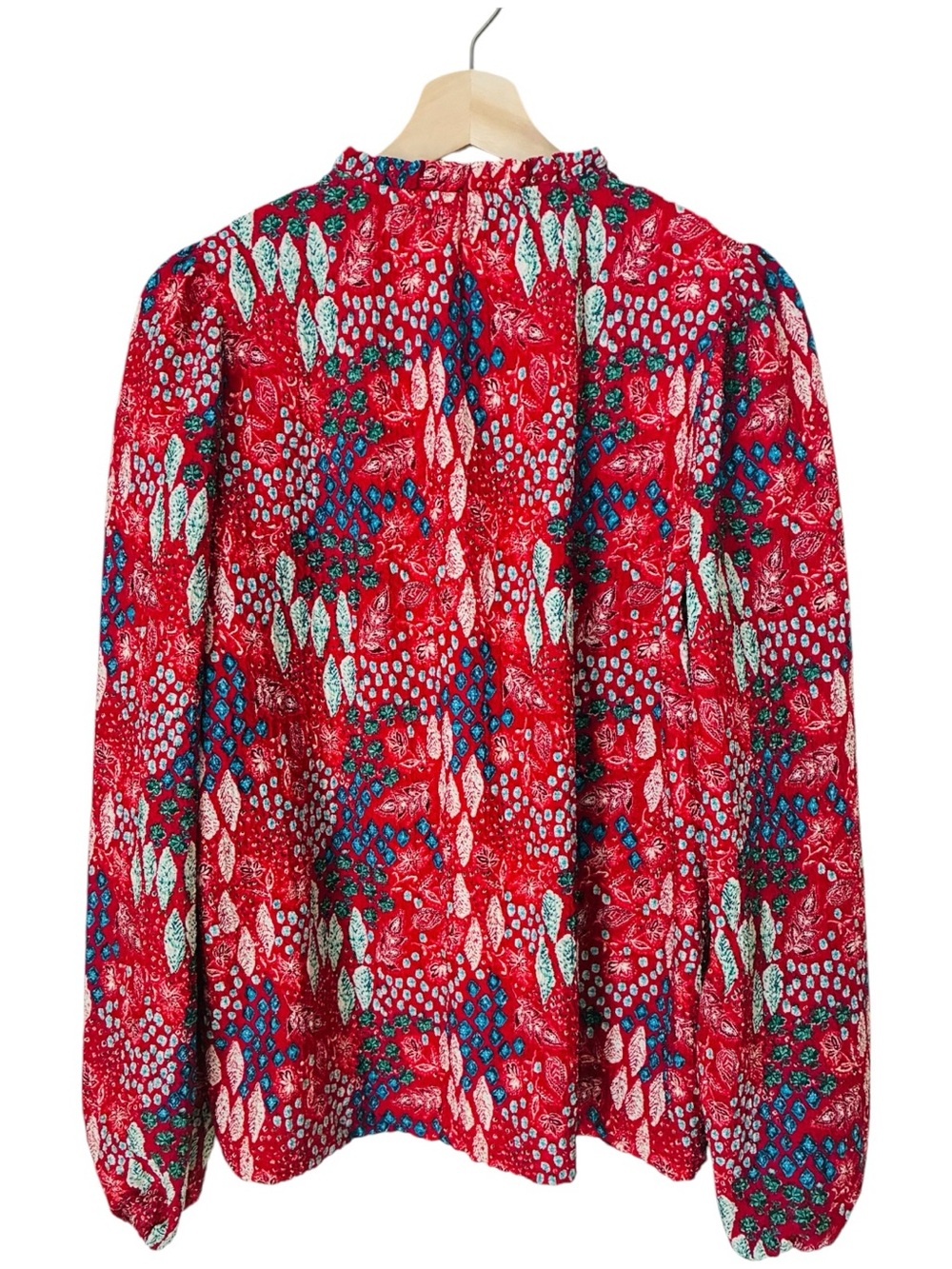 Ann Taylor LOFT Sz MEDIUM Red Garden Print Floral Tie-Neck Long-Sleeve Blouse - Picture 7 of 8